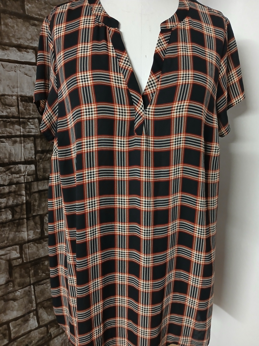 Torrid Black and Orange Plaid V-Neck Short Sleeve Tunic